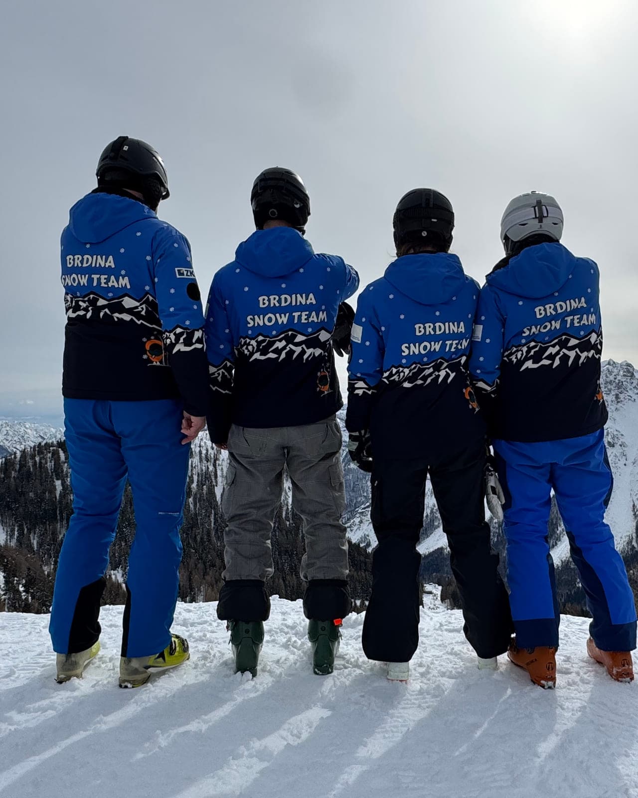 Quattro maestri con la giacca Brdina Snow Team, di spalle, davanti alle montagne innevate